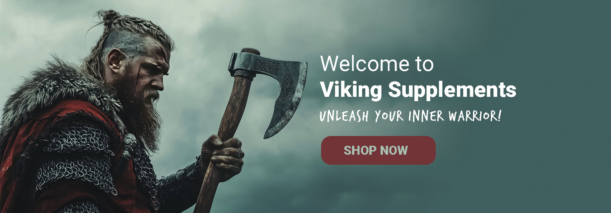 Viking-Supplements-Home-Page-banner-with-Viking-and-Axe-with-Welcome-message-and-shop-now-cta