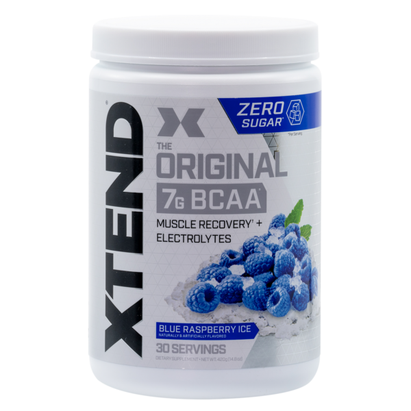 Xtend BCAA Supplement – 30 Serves packaging Blue Raspberry ice flavour